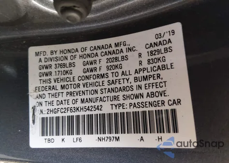 2019 Honda Civic Lx из США, поврежденный, VIN 2HGFC2F63KH542542